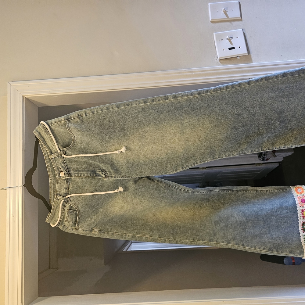 DAVI & DANI Blue Wide Leg Jeans with Distressed And Crocheted Details.
